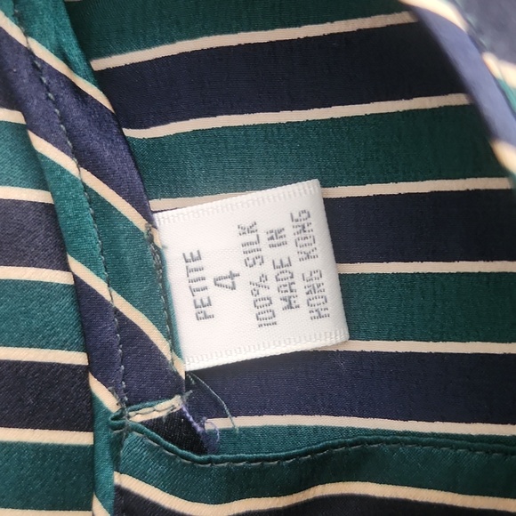 Ellen Tracy Navy Blue And Dark Green Striped Silk Blouse Size 4P - Picture 3 of 10